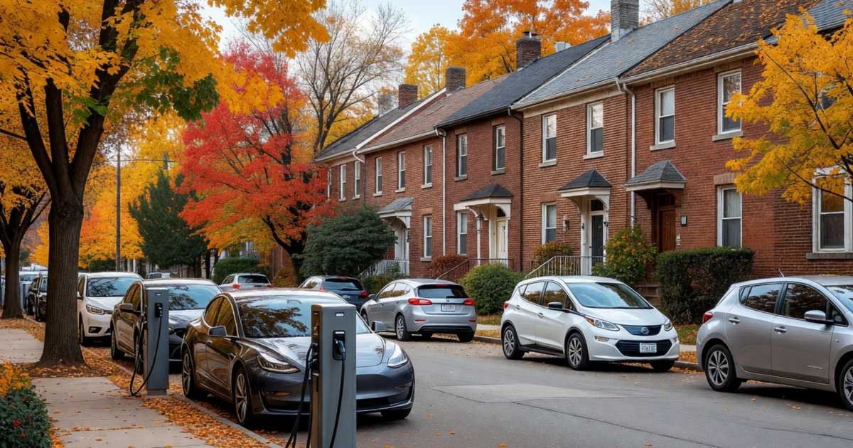A quiet residential street with several electric cars charging at curbside chargers, illustrating stacking provincial EV rebates with federal EVAP.
