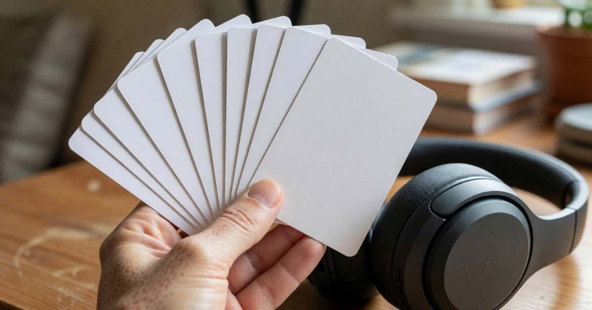 A hand fanning out a few blank gift cards next to a new pair of headphones, illustrating stacking tech savings with gift cards and points.