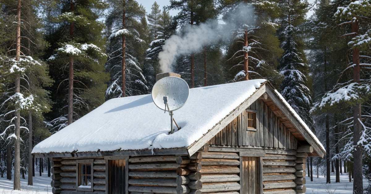 A small satellite dish mounted on a log cabin roof in a forest clearing, illustrating Starlink versus rural fixed wireless and fibre.
