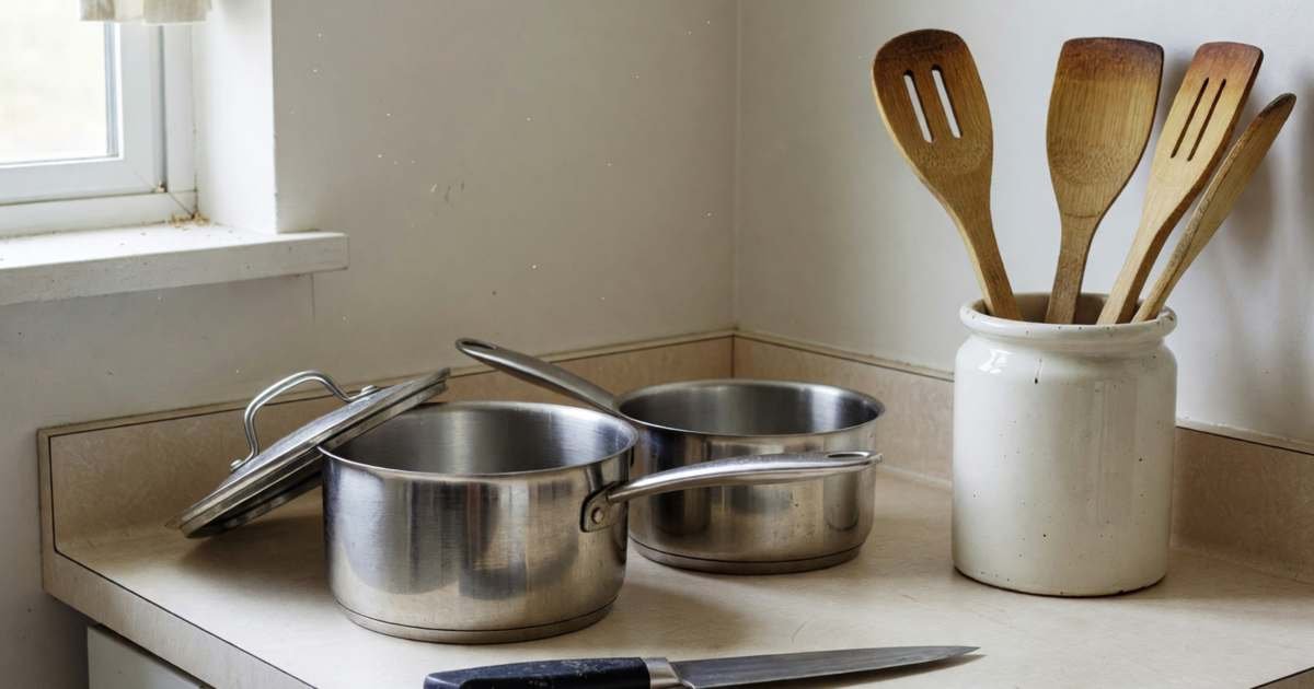 A modest kitchen with a basic set of pots, a chef's knife and wooden utensils in a crock, illustrating stocking a kitchen on a budget in Canada.