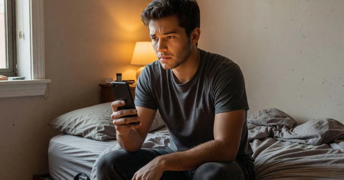A young man sitting on the edge of his bed looking at his phone with a worried expression, illustrating stopping NSF and overdraft fees in Canada.