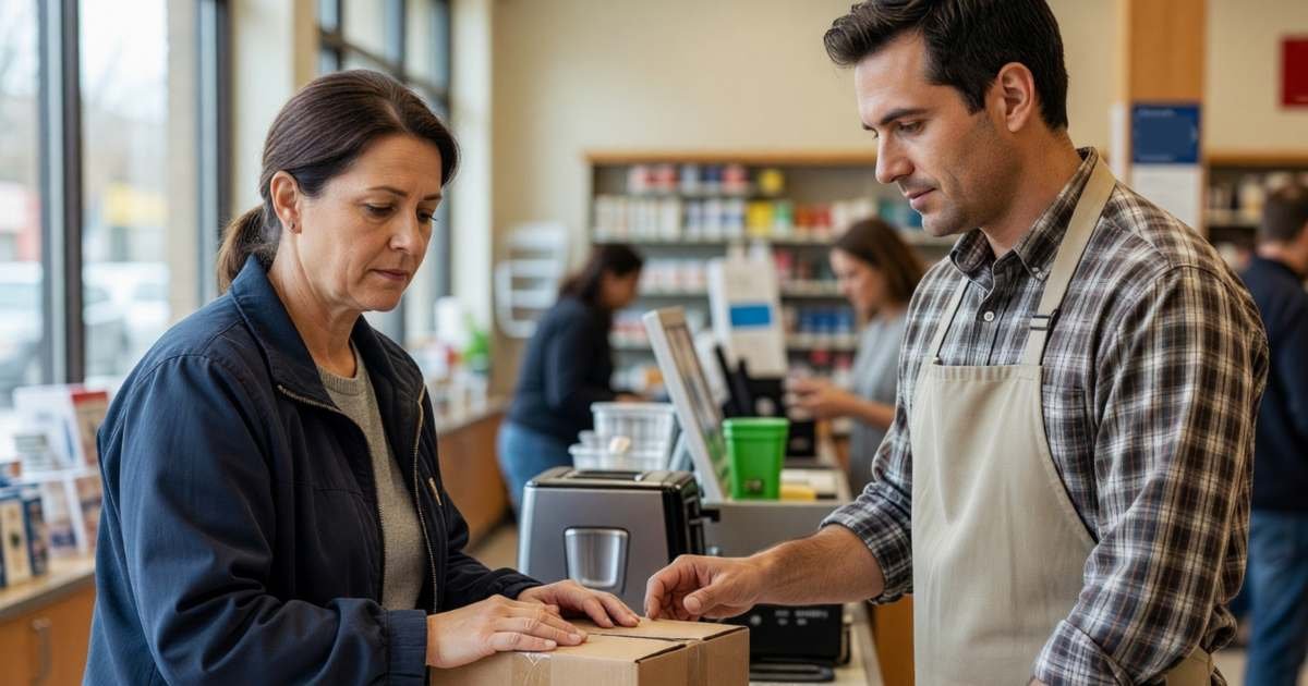 A customer returning a boxed small appliance at a store returns counter, illustrating store return policies in Canada.