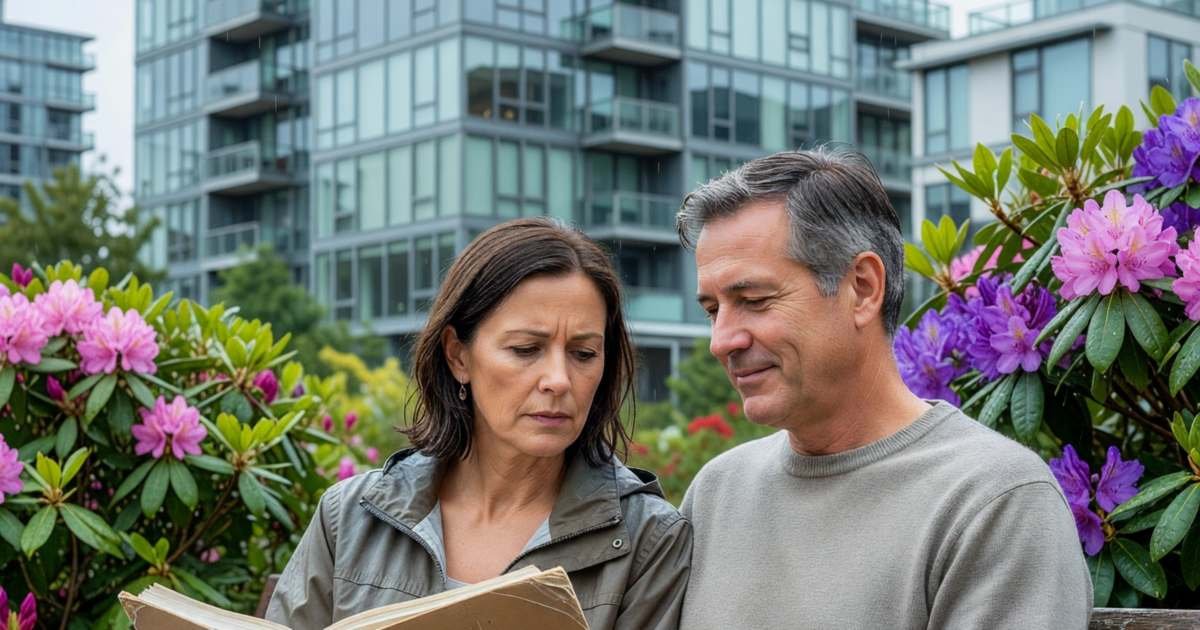 A couple sitting on a bench outside a strata condo building, the woman thoughtfully holding a thick closed binder, illustrating reading Vancouver strata Form B and reserve documents.