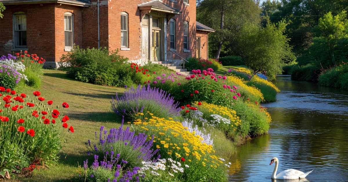 A riverside theatre building in a small town with a garden and swans on the river, illustrating Stratford and Shaw Festival 2027 tickets.