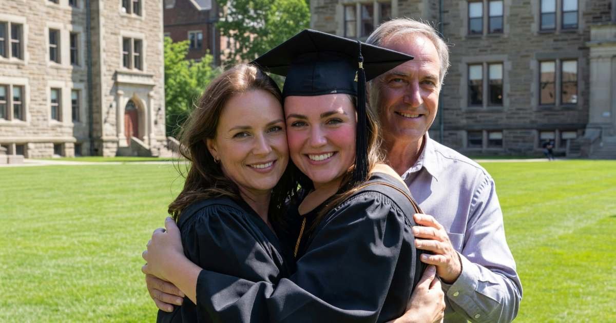 A new graduate in a gown and cap hugging her parents outside on a sunny day, illustrating keeping no-fee banking after graduation in Canada.