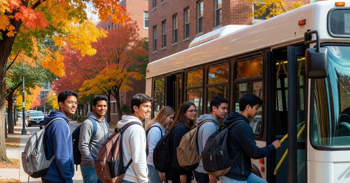 University students with backpacks boarding a city bus on a campus street, illustrating cutting commuting costs for Canadian students.