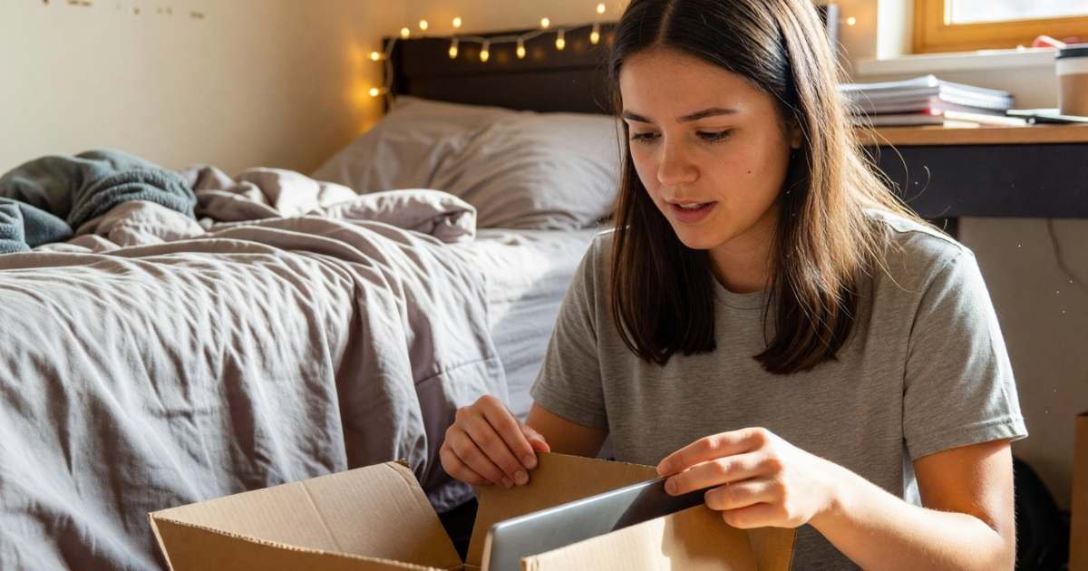 A university student unboxing a laptop in her residence room, illustrating student pricing on tech in Canada.