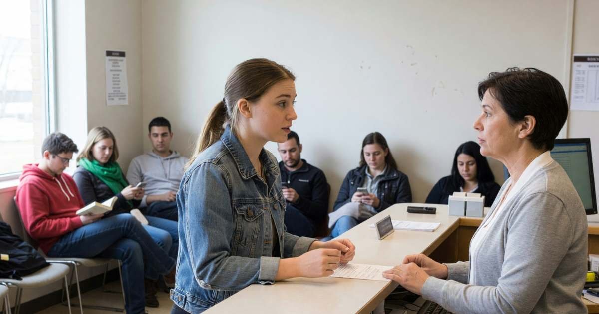 A student at a campus health clinic reception asking a question, illustrating student health and dental plan opt-outs.