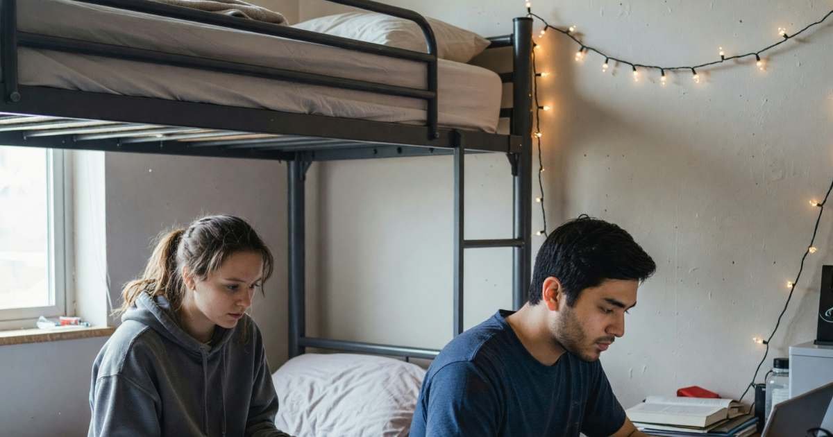 Two university students studying in a small dorm room, one on a laptop and one with a textbook, illustrating student internet discounts in Canada.