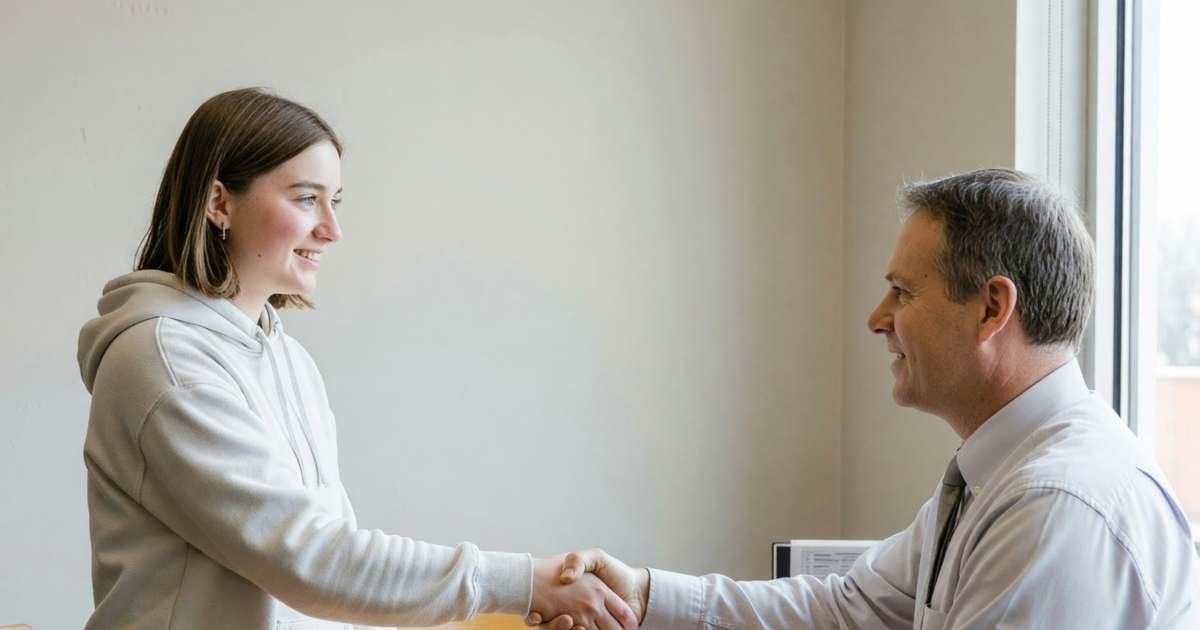 A student at a bank branch shaking hands with an adviser, illustrating student line of credit versus government student loan.