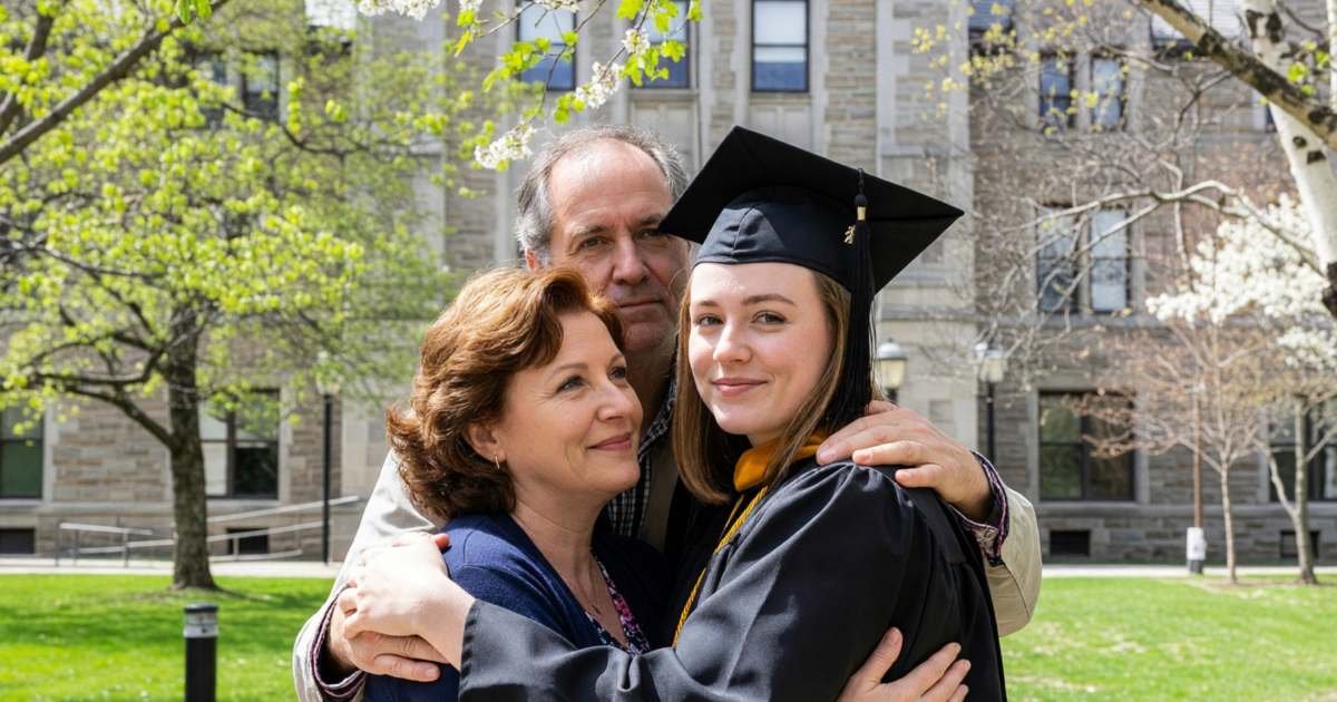 A recent graduate in a cap and gown hugging her parents outside a convocation hall, illustrating student loan repayment and the grace period.