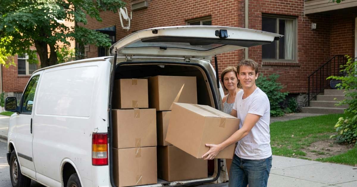 A student loading boxes into a small moving van for a move to a new city for school, illustrating moving expenses for students.