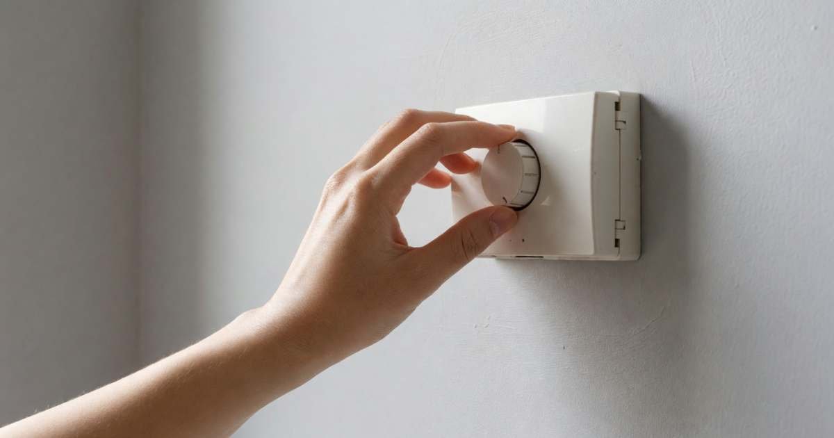 A hand adjusting a wall thermostat dial in a condo hallway, illustrating budgeting for submetered condo hydro as a tenant.