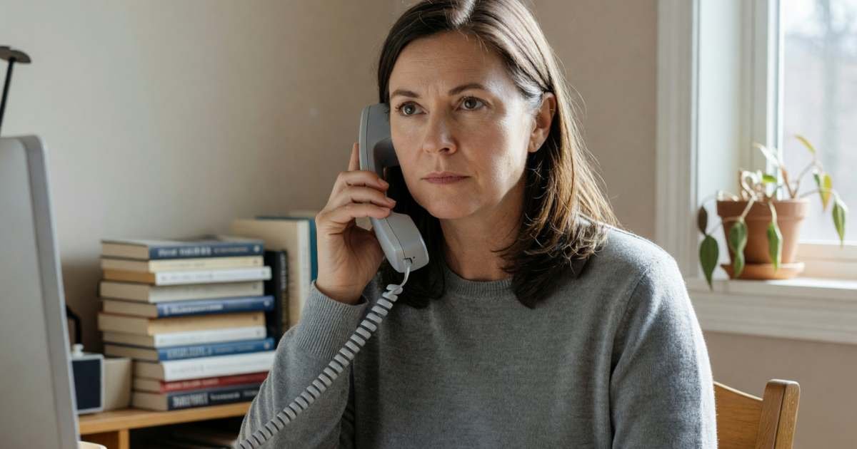 A woman on the phone at her desk looking firm and patient, a closed notebook in front of her, illustrating fighting subscription cancel dark patterns.
