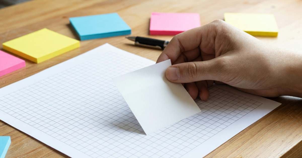 Close-up of a hand placing a bright sticky note on a blank paper grid on a desk, illustrating building a subscription renewal calendar.