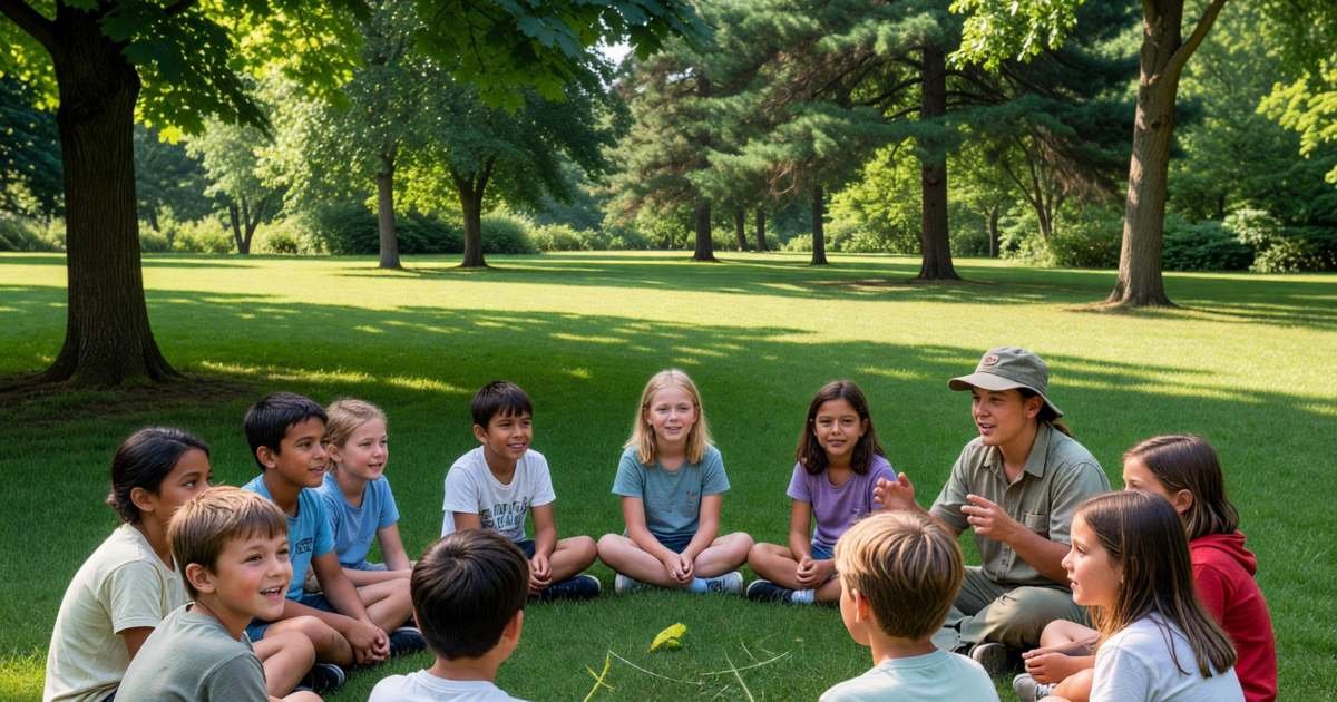 Kids at a summer day camp sitting in a circle on the grass with a counsellor, illustrating summer day camp costs in Canada.