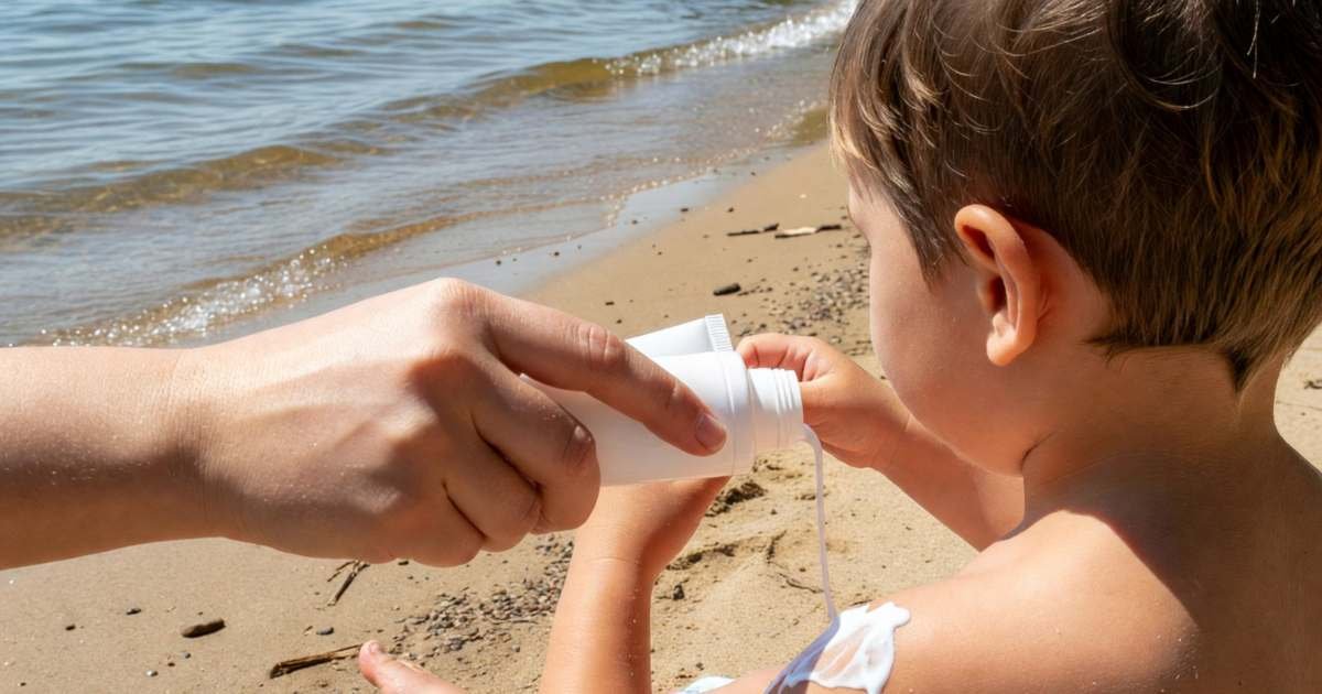 A hand squeezing sunscreen onto a child's shoulder at a beach, illustrating sunscreen in Canada, SPF and price per ml.