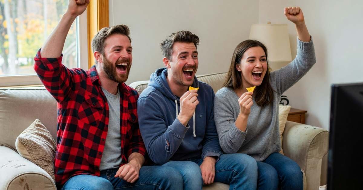 Friends cheering on a sofa during a football game with wings and nachos, illustrating a Super Bowl party on a budget.