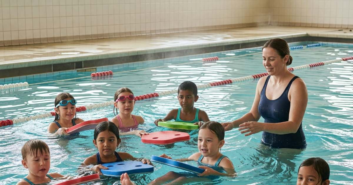 Children in a swimming lesson at an indoor community pool, holding kickboards with an instructor, illustrating swimming lesson costs in Canada.