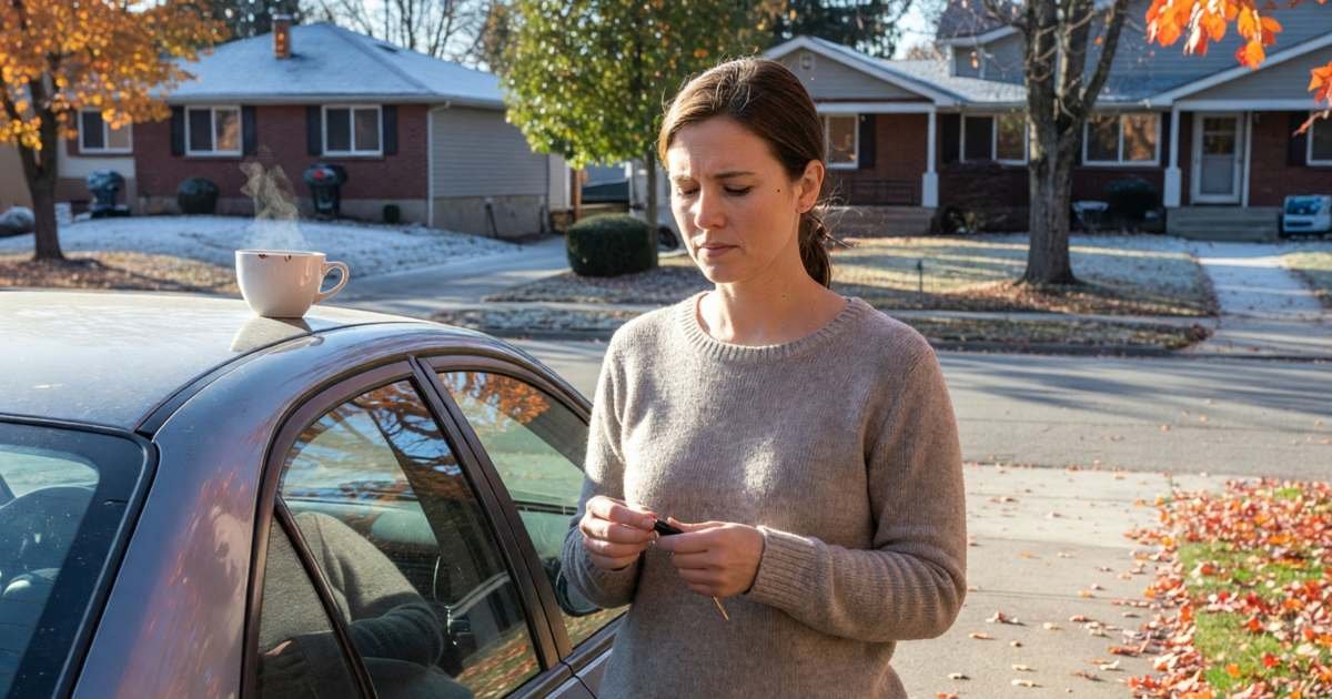 A woman at her car door in a driveway looking at her car keys thoughtfully, illustrating switching auto insurance mid-term in Canada.