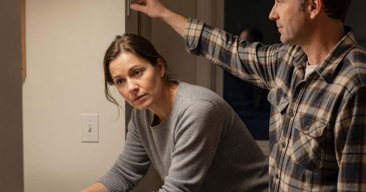 A woman starting the washing machine late in the evening while her partner turns off the kitchen lights, illustrating switching your Ontario electricity price plan.