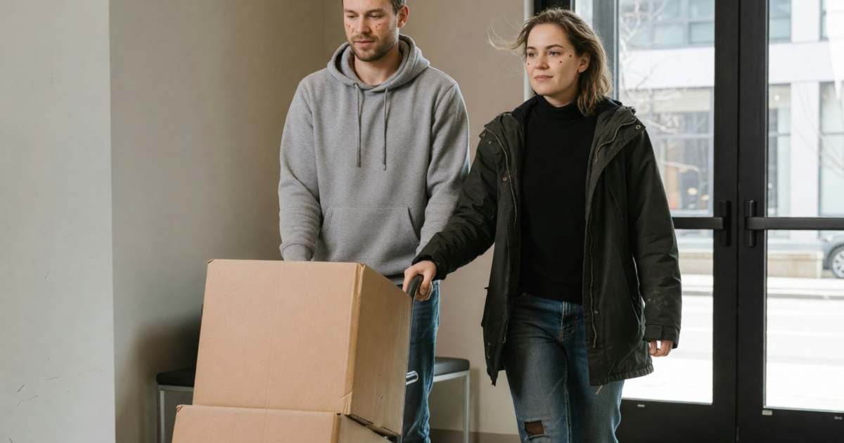 A young couple carrying boxes into a new apartment building lobby, illustrating switching home or tenant insurance without a coverage gap.