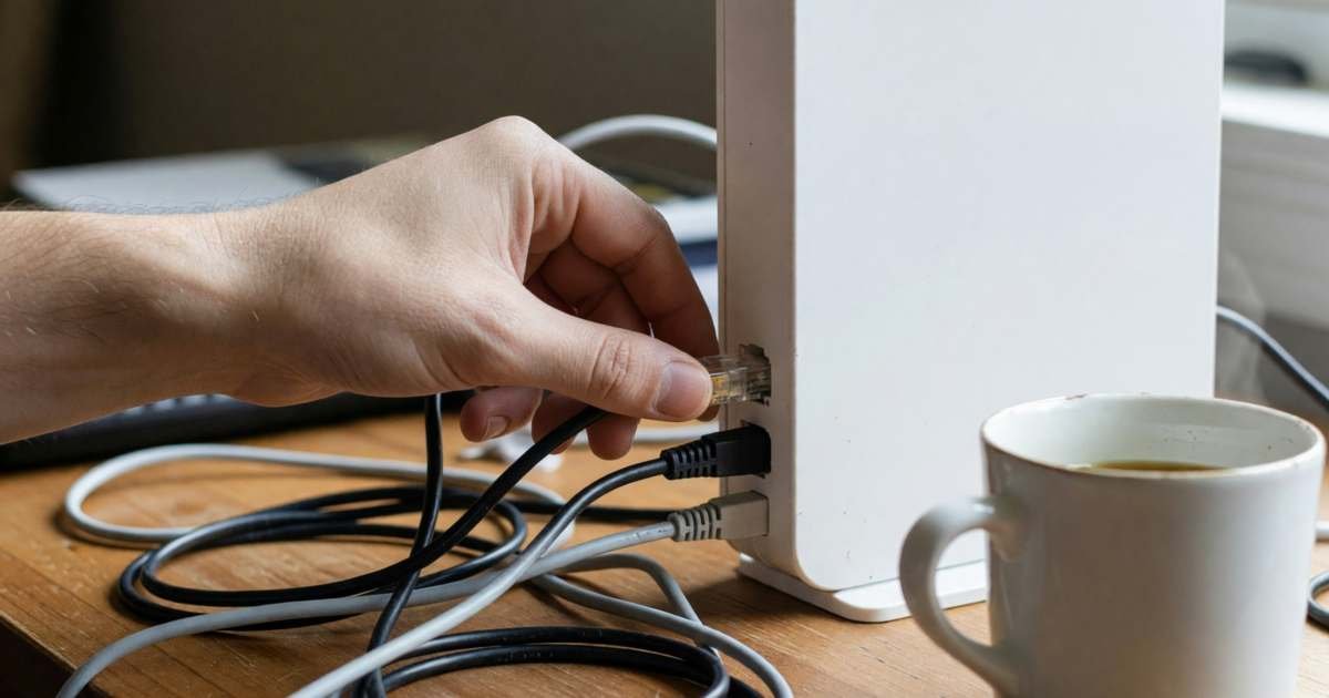 A hand plugging an ethernet cable into a plain white modem on a desk, illustrating switching to an independent ISP in Canada.