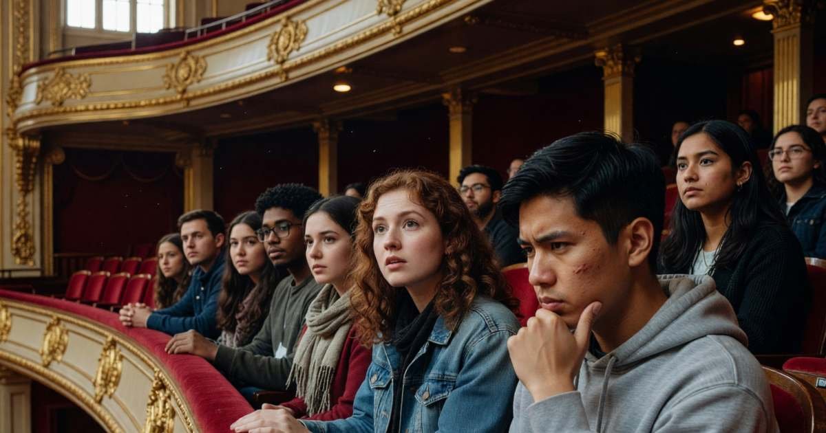 Young adults in an opera house balcony watching a performance, illustrating opera, ballet and symphony tickets for under 35.
