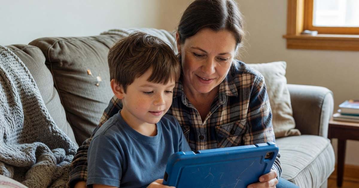 A young child sitting on a sofa next to a parent, both looking at a tablet in a rugged solid-blue protective case that the child holds, illustrating tablets for kids in Canada.