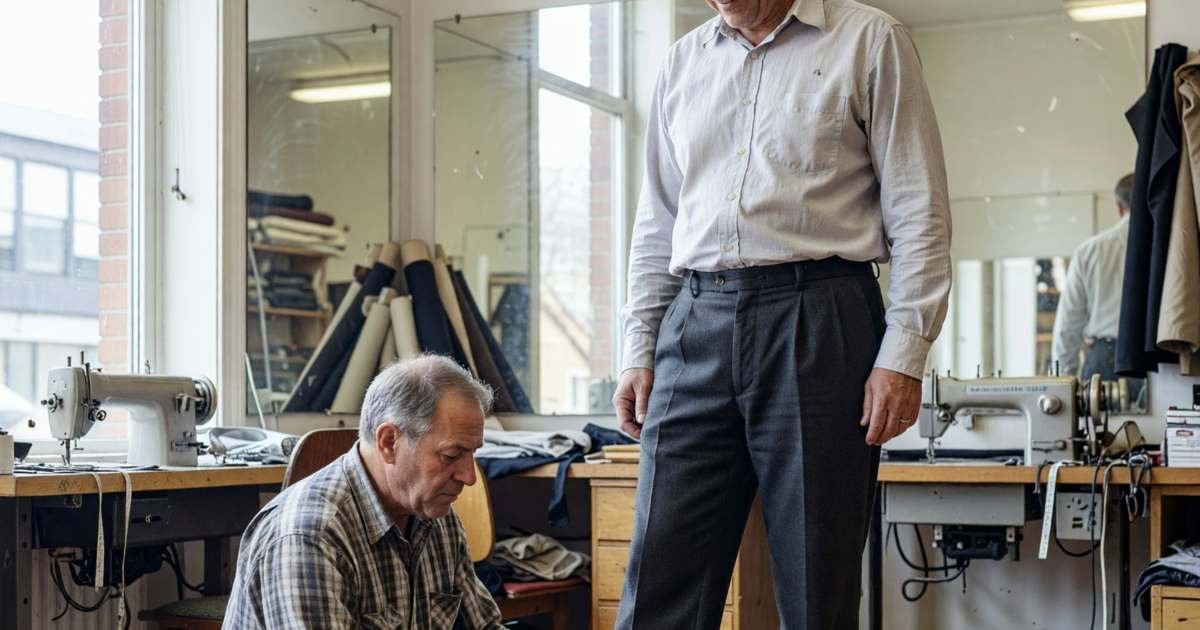 A tailor pinning the hem of a man's trousers as he stands on a small platform, illustrating tailoring and alterations costs.