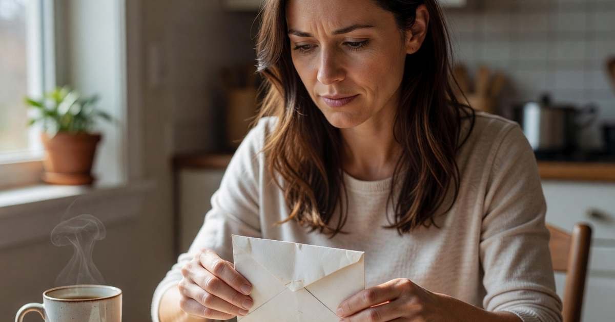A woman at her kitchen table in spring sorting a small stack of opened envelopes into three piles, looking thoughtful, illustrating what to do with a Canadian tax refund.