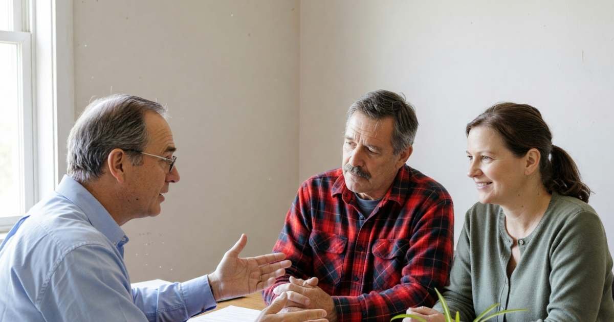 A middle-aged couple meeting with an accountant in a small bright office, the accountant explaining and the couple nodding, illustrating tax software vs an accountant in Canada.