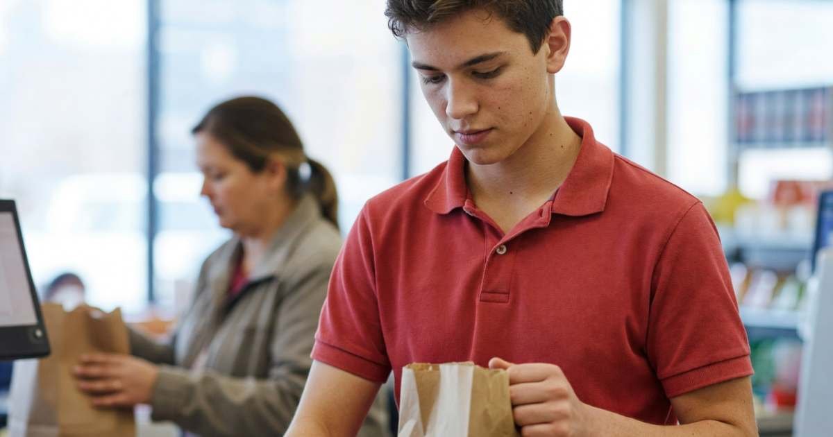 A teenager working his first job bagging groceries at a supermarket checkout, illustrating a teen's first job, taxes and starting a TFSA.
