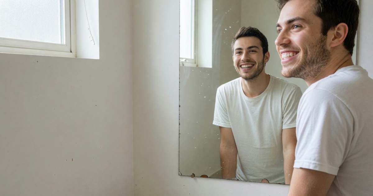 A young man smiling into a bathroom mirror after using whitening strips, illustrating teeth whitening costs in Canada.
