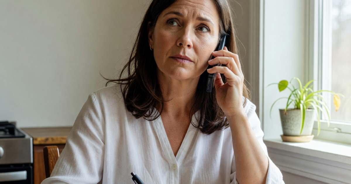 A woman at her kitchen table on a call, thinking with a pen and a notebook closed in front of her, illustrating TekSavvy versus Oxio promo credits and flat rates.