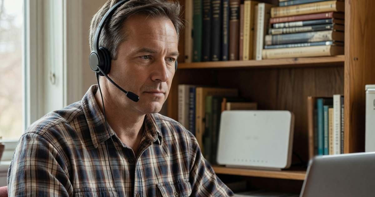 A man at his home desk on a video call with a headset, a small plain white router on the shelf behind him, illustrating whether TekSavvy is worth it in Canada.