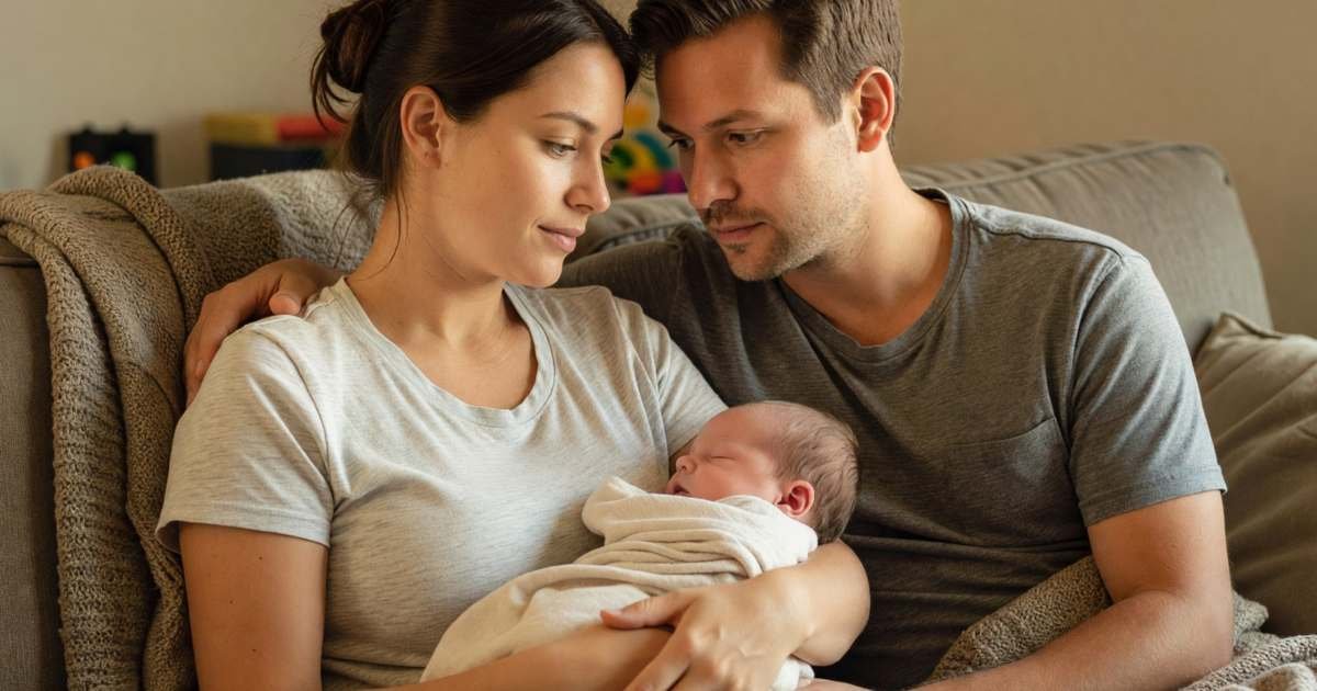 A young couple sitting on their living room sofa holding their sleeping infant, looking at each other thoughtfully, illustrating term versus whole life insurance in Canada.