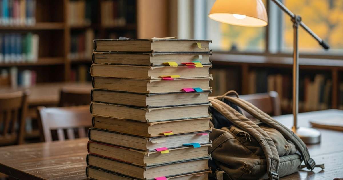 A tall stack of thick used university textbooks with plain worn covers next to a backpack on a library table, illustrating textbook costs in Canada: inclusive access, open textbooks and used books.