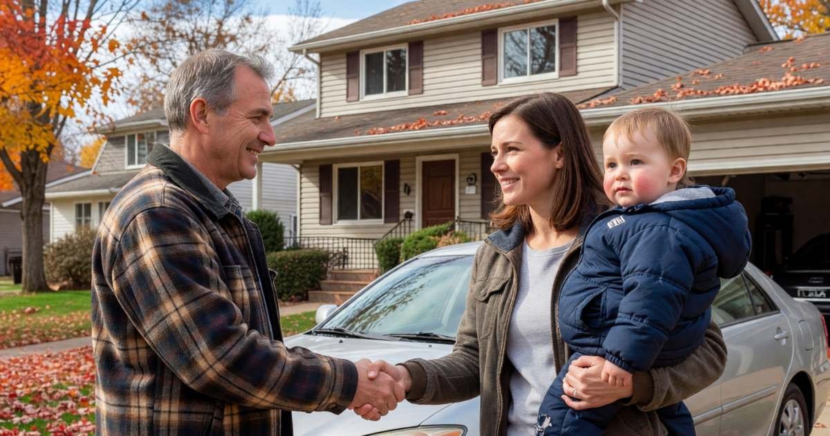A couple in their thirties picking up a used family car from a private seller in a driveway, shaking hands, illustrating TFSA withdrawals and contribution room in Canada.