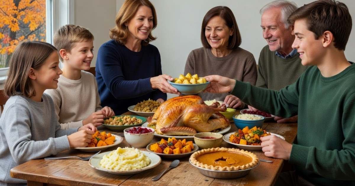 A family shares a potluck Thanksgiving dinner with a roast turkey and side dishes in a Canadian home, illustrating how to budget Thanksgiving dinner in Canada in 2026.