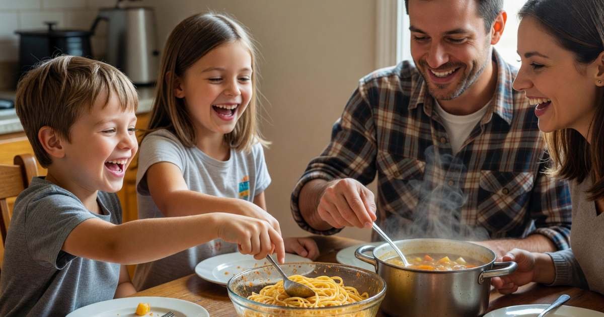 A family at a kitchen table serving themselves from several containers of reheated leftovers: pasta, roast vegetables and soup, illustrating a leftover night system so food gets eaten.