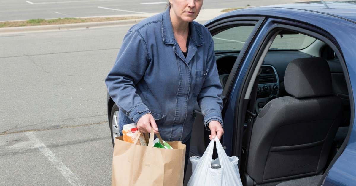 A woman loading grocery bags from two different stores into the back seat of her car, illustrating the two-store grocery strategy in Canada.