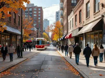 A busy city street of mid-rise apartment buildings and corner shops with a streetcar passing.