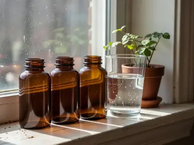 Three large plain amber pill bottles lined up on a kitchen windowsill beside a glass of water.