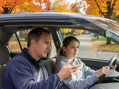 A father in the passenger seat of a car giving driving advice to his teenage daughter at the wheel.