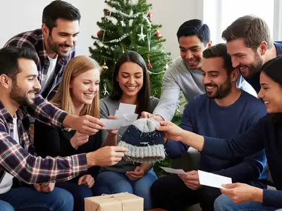 A group of adult siblings and partners drawing names from a knitted toque for a family Secret Santa.