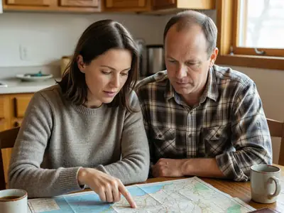 A couple at their kitchen table planning a trip with a paper map, the woman pointing at it.