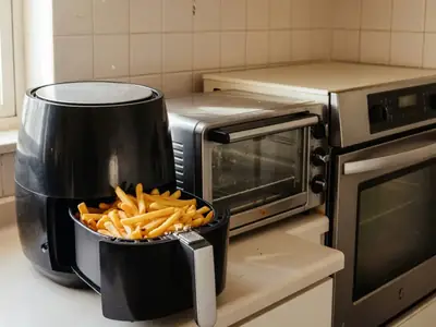 An air fryer, a toaster oven and a regular oven side by side in a kitchen, golden fries in a basket on the counter.