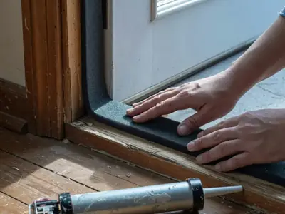 Hands pressing a strip of foam weatherstripping into the frame of an exterior door.