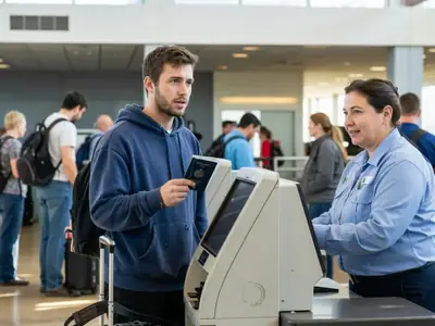 A young man at an airport check-in kiosk area talking to an agent, passport in hand.